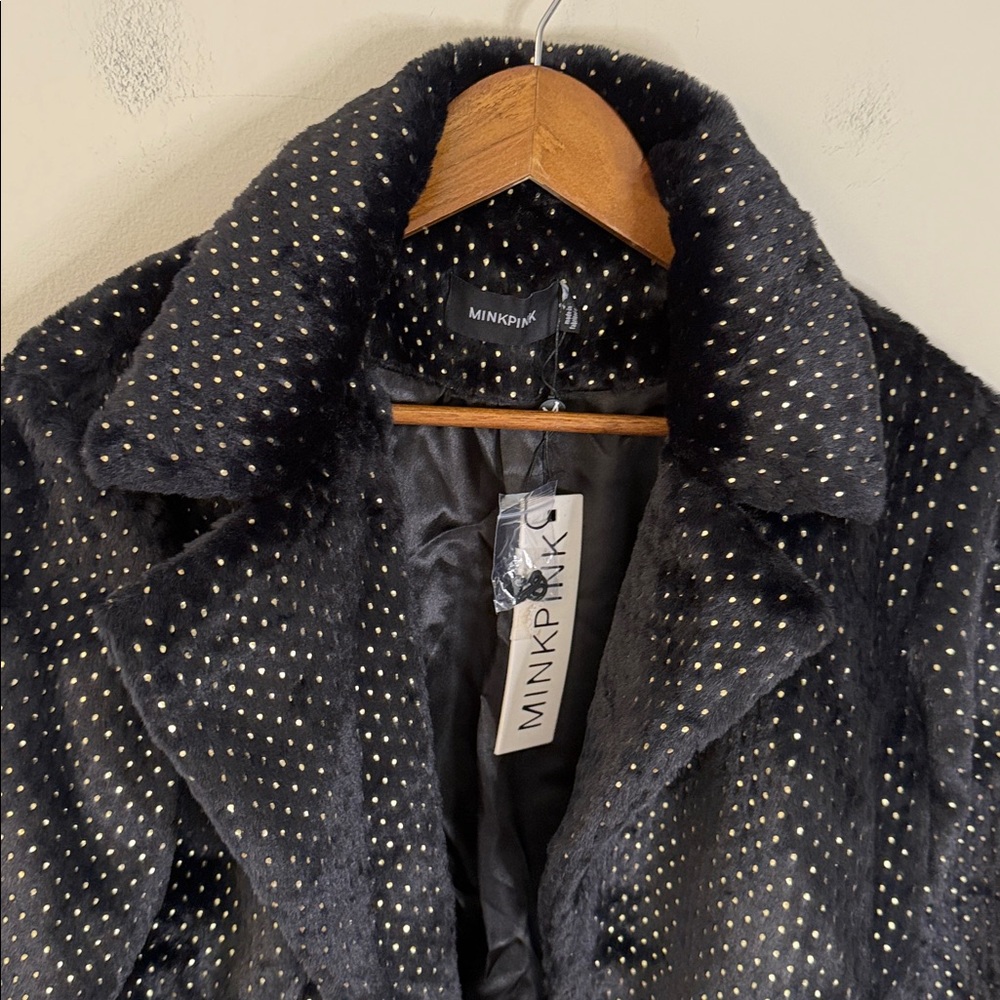 MINKPINK faux fur black jacket with gold dot pattern open front chunky warm SM - Picture 2 of 14